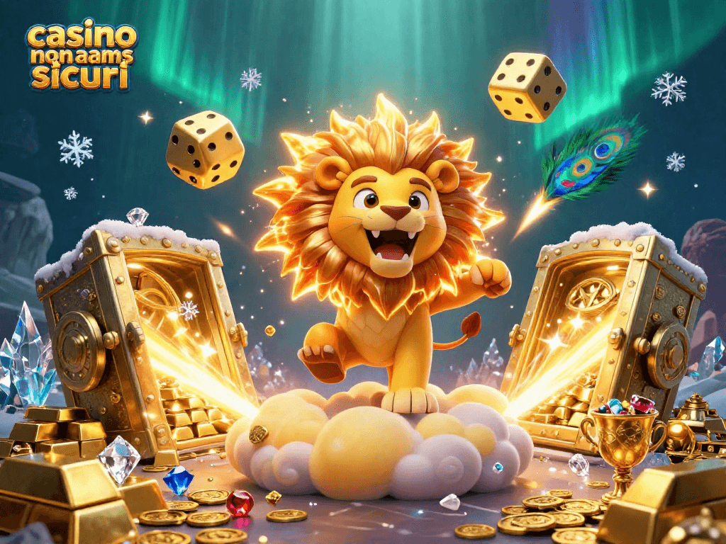 Gioca in un casino non AAMS sicuri con il leone solare e i dadi d'oro, circondato da tesori.