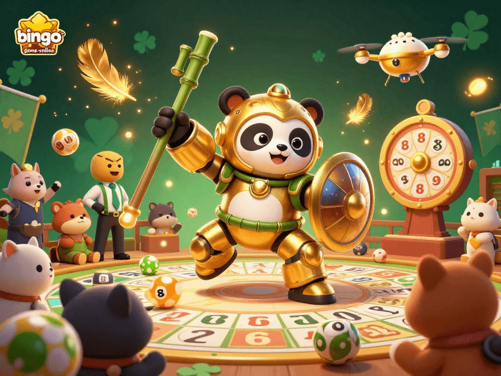 Experience jackpot thrills with bingo-game-online in this lively 3D scene featuring dynamic bingo elements and a mech-suit panda.