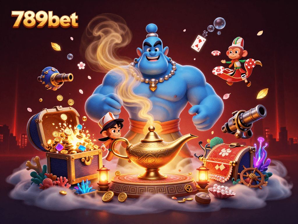 Engage with vibrant 789bet casino fun featuring a blue genie, poker chips, and golden treasures.
