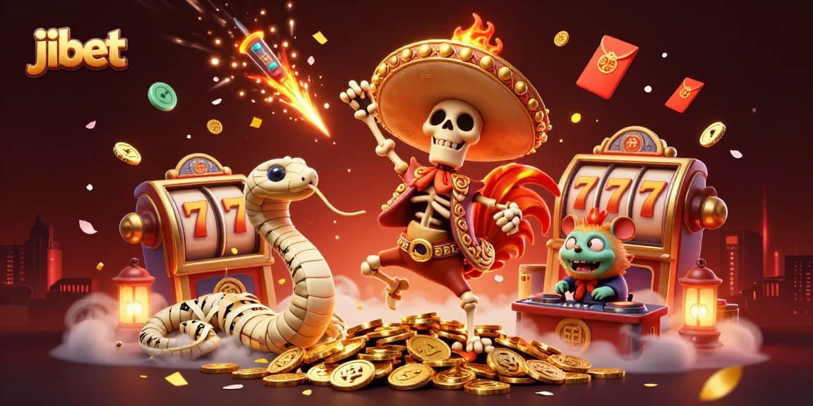 Experience jibet's exciting casino vibe with lively 3D characters dancing among gold and slot reels.
