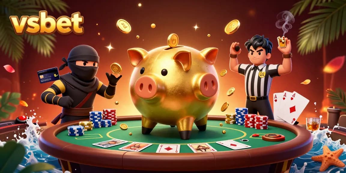 Experience thrilling gaming with vsbet's vibrant casino illustration featuring piggy bank sumo wrestler among poker elements.