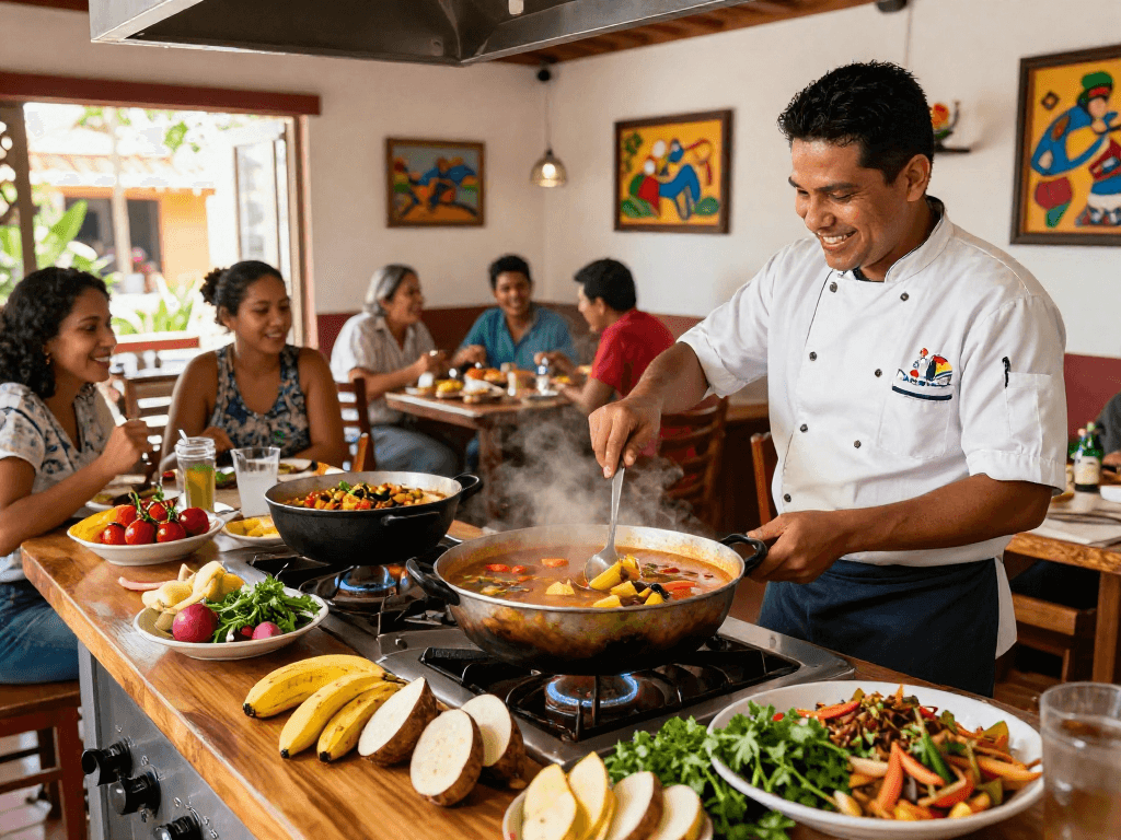 Experience the best sancocho colombiano near me, with a chef preparing this traditional dish in a lively restaurant.