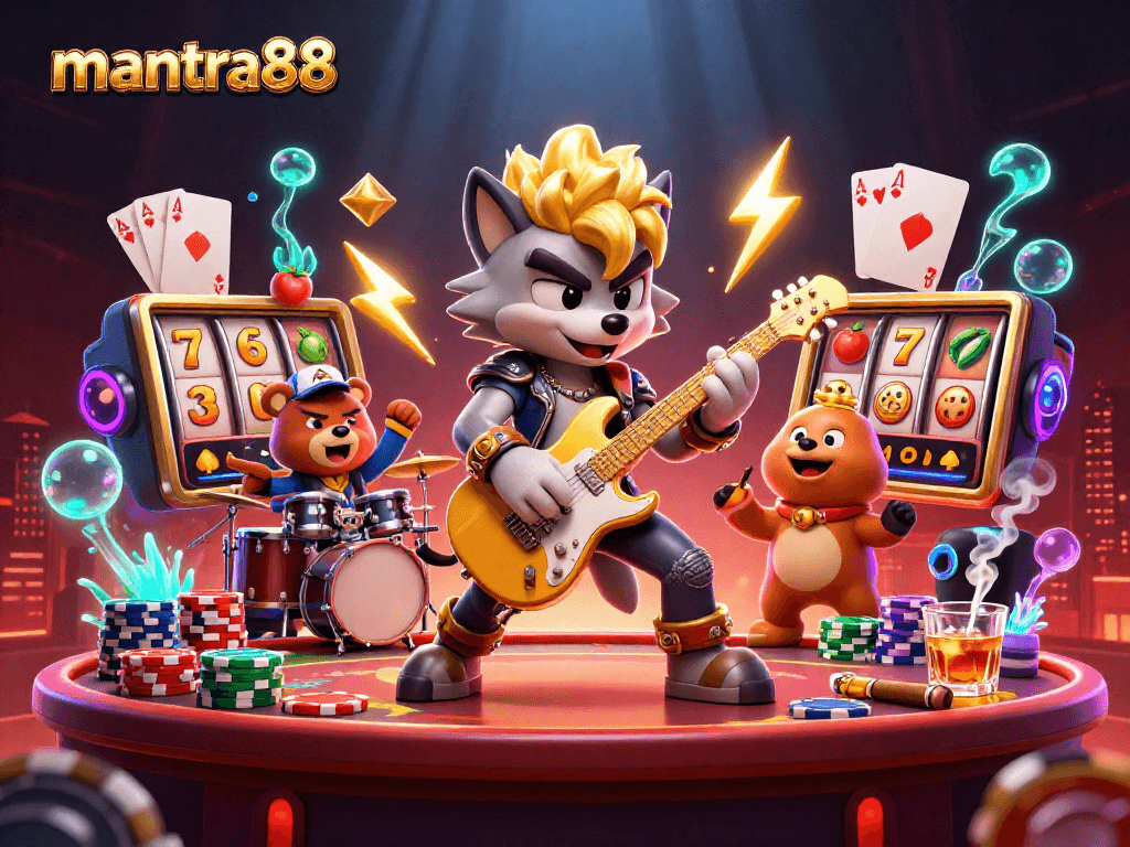 Catch the excitement at mantra88 with vibrant slot reels and characters in a lively casino scene.
