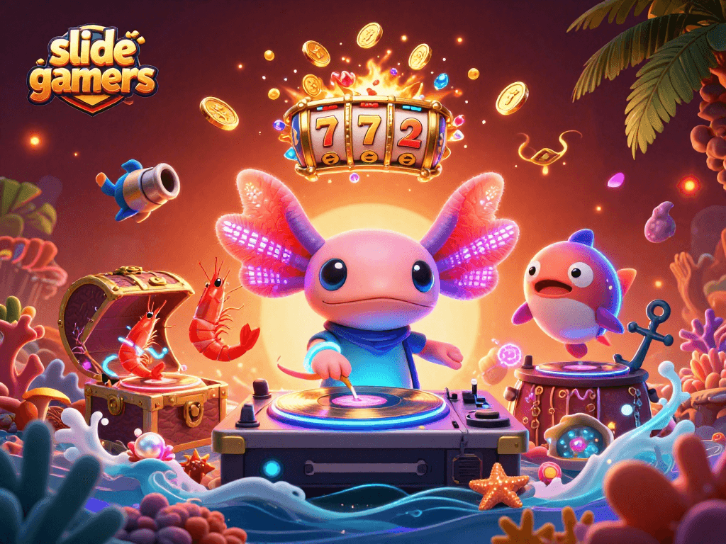 Experience thrill with the slidegamers as vibrant characters spin records, catching golden rewards amidst underwater treasures.