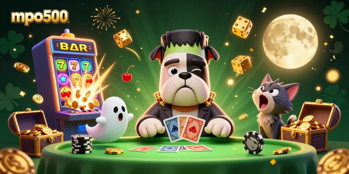 Enjoy a vibrant mpo500 casino scene with a Frankenstein bulldog dealer, lucky symbols, and a treasure chest.