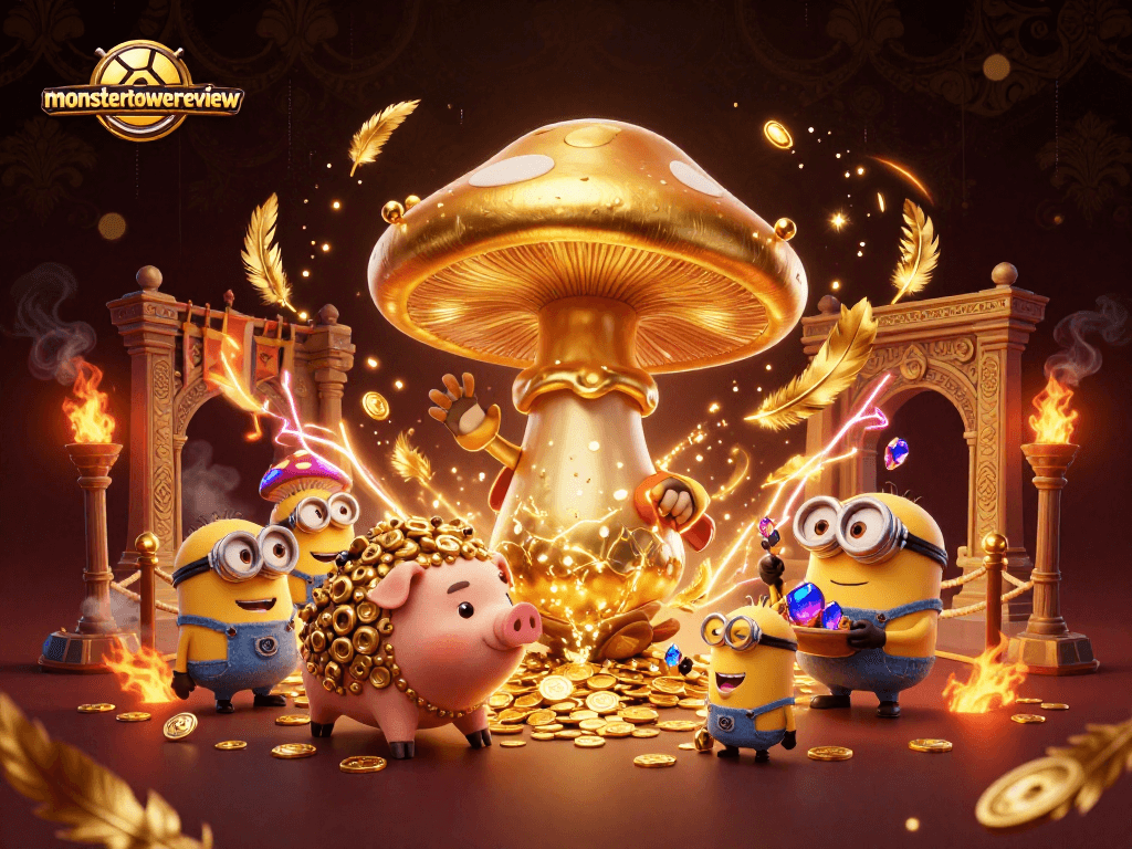 Engage in thrilling gameplay at monstertowerreview with a vibrant scene of a golden mushroom wizard and treasure-hunting antics.