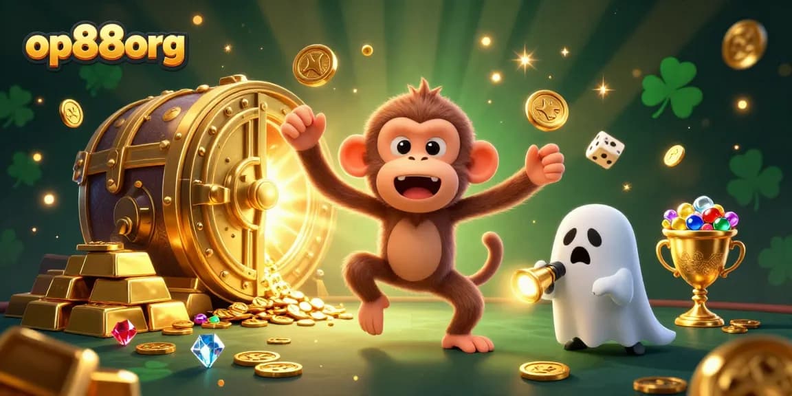 Experience the excitement of op88org as the poltergeist monkey juggles casino treasures in an enchanting scene.