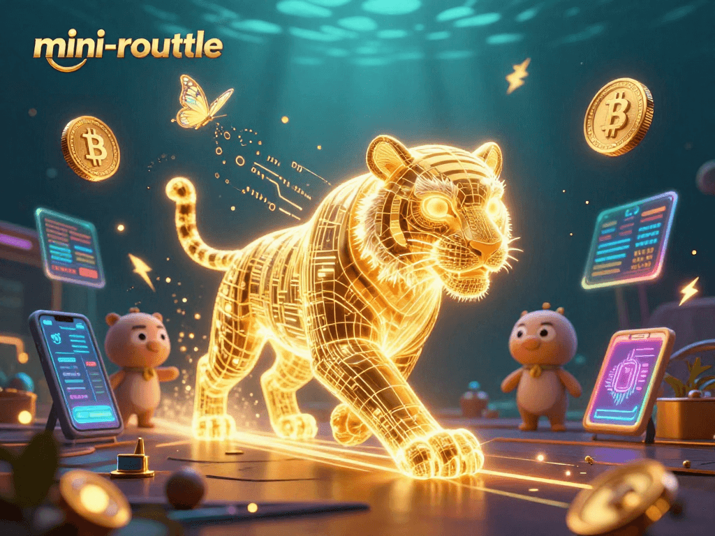 Experience thrilling mini-roulette action with a neon tiger in a digital casino filled with crypto coins.