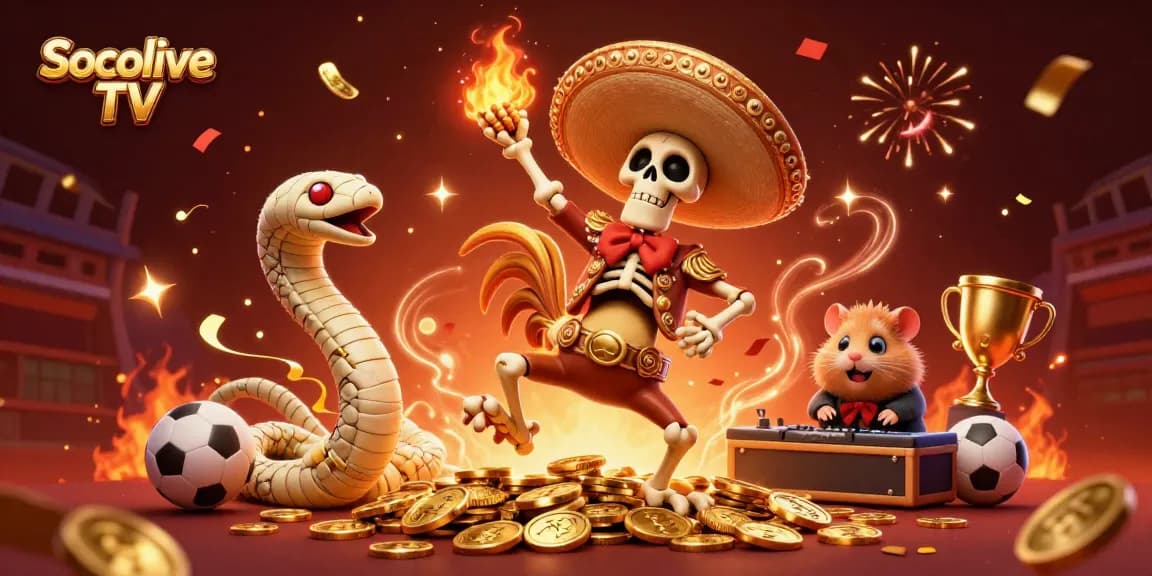 Socolive TV showcases a vibrant victory scene with a rooster, mummy snake, and DJ, electrifying sports betting excitement.