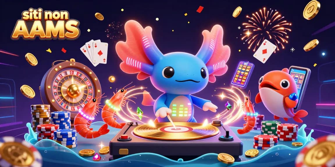 In un vivace ambiente, il DJ axolotl di siti non AAMS gira dischi d'oro mentre gamberi danzano tra scintillanti monete.
