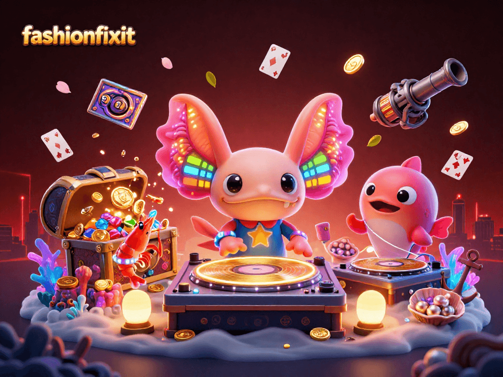 Engage with fashionfixit through a vibrant and lively underwater casino scene featuring a neon axolotl DJ, surrounded by treasures and gambling elements.