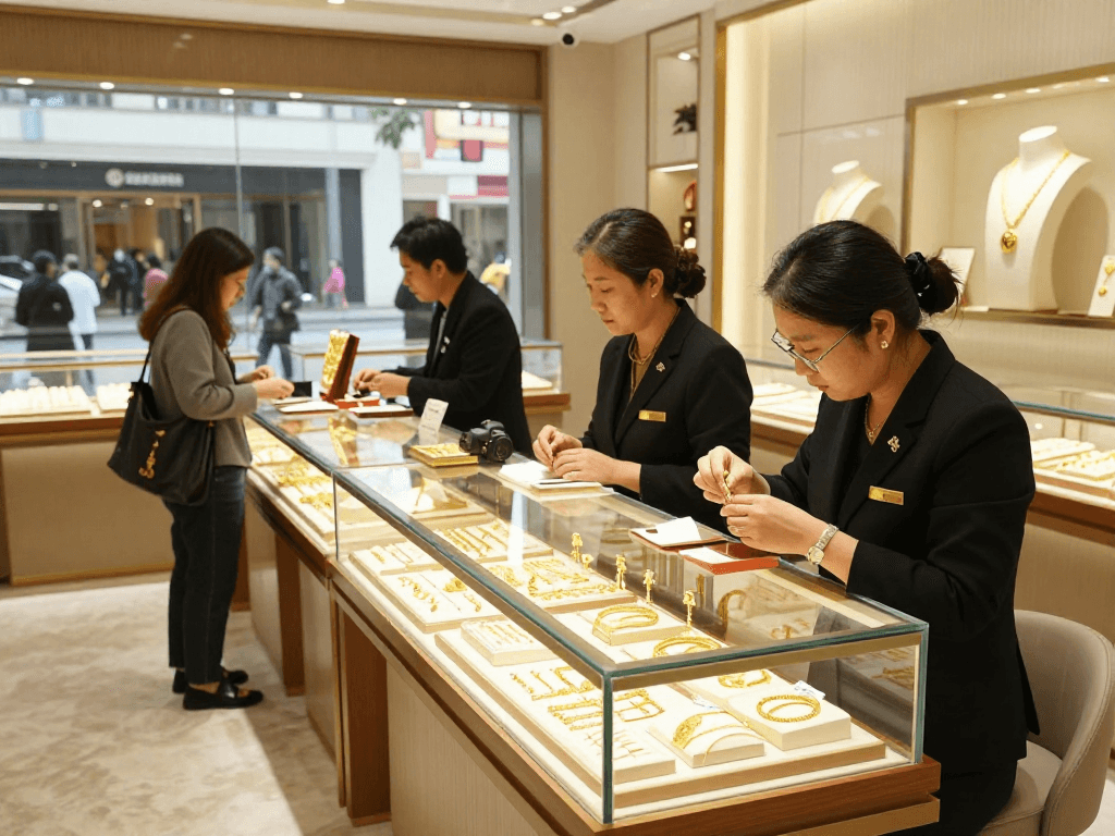 mantra88 upscale jewelry store with gold necklaces and rings displayed elegantly