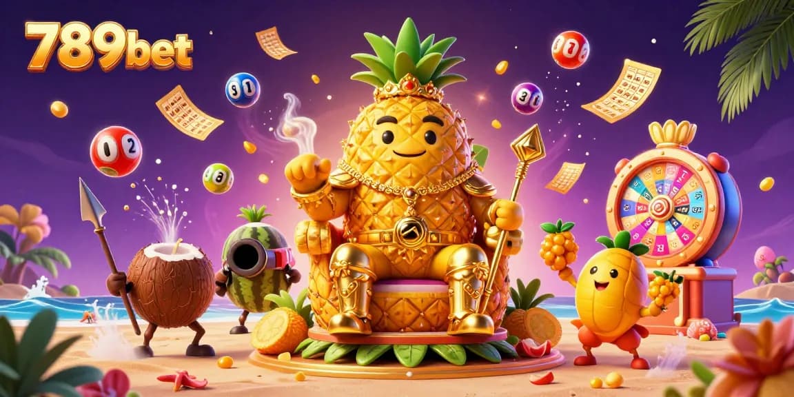 Experience the vibrant energy of 789bet with a golden pineapple king and lively beach casino scene.