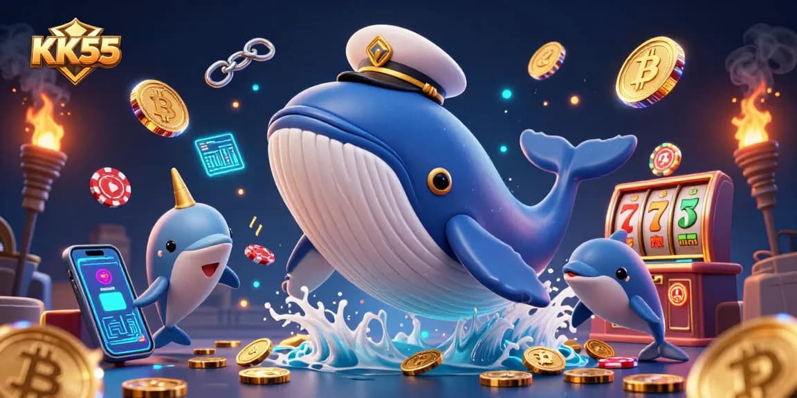 Experience thrilling moments at KK55 with a giant whale breaching through coins amidst stunning casino elements.