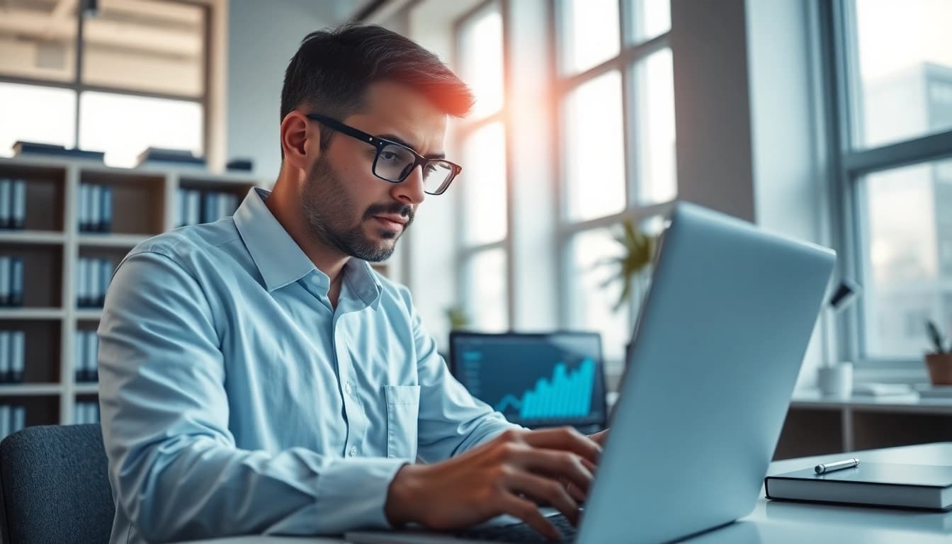 Analyze cyber essentials in a vibrant office setting with data charts and a focused expert.