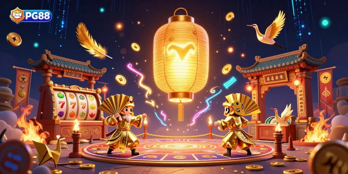 Experience exciting gambling at PG88, featuring a vibrant casino scene with golden lucky symbols and game elements.