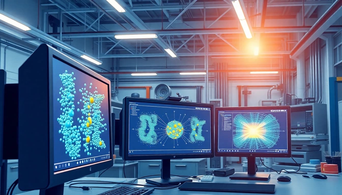 Visual representation of Discrete Element Modeling with simulations and particles in an engineering setting.