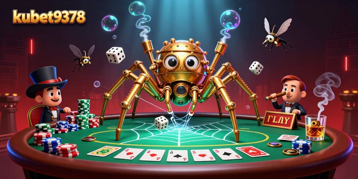 Catch thrilling moments at kubet9378 with a golden spider webbing poker chips and gaming elements.