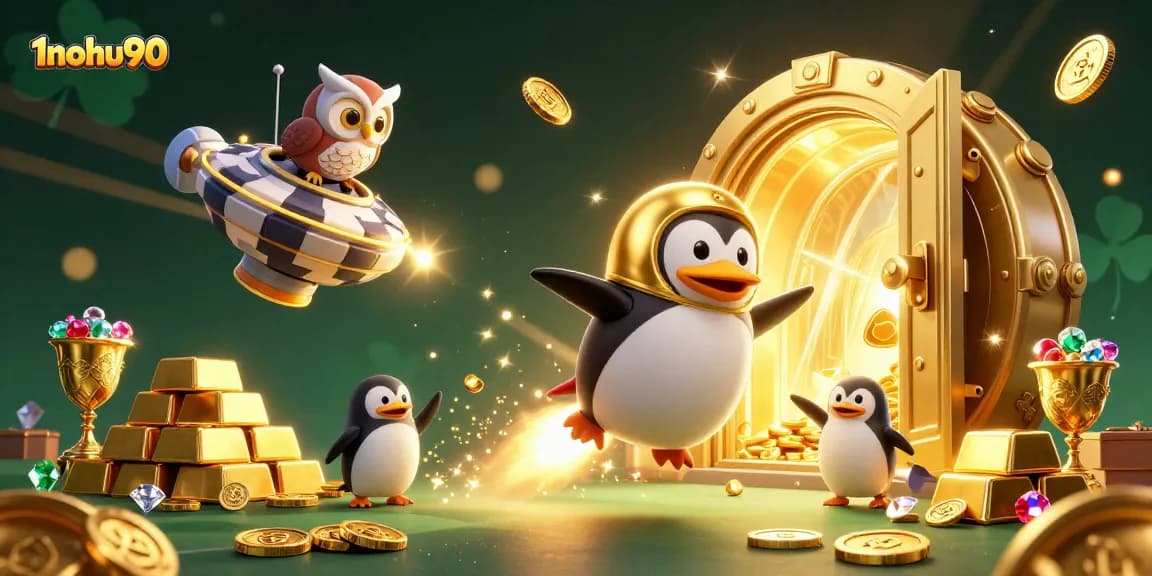 Experience thrilling action at 1nohu90 with golden penguin racing through space towards a jackpot casino!