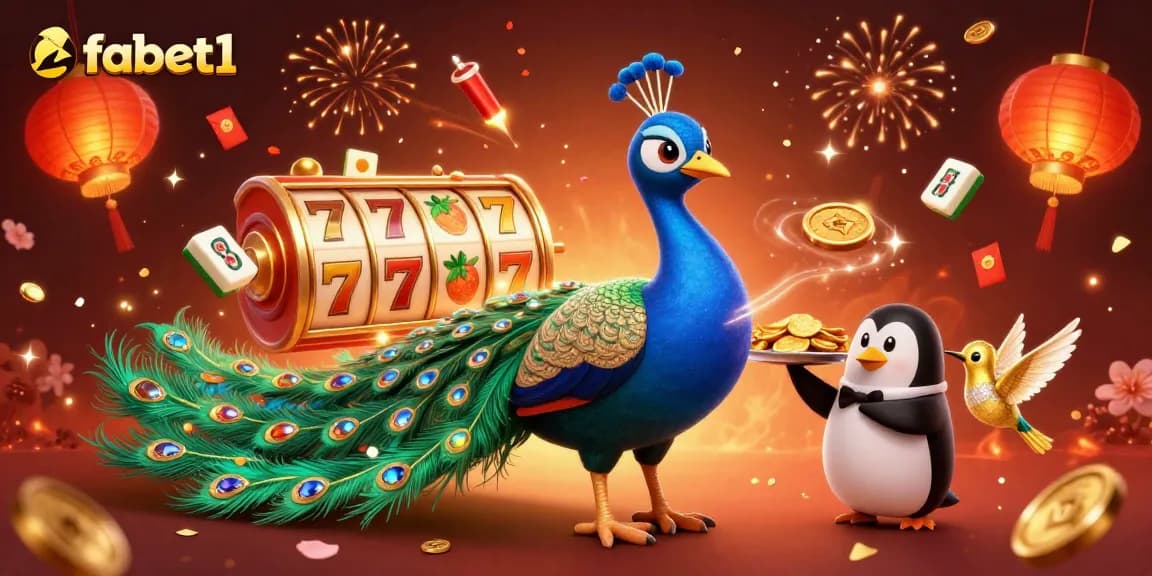 Experience fabet1 slots with a peacock, penguin, and hummingbird in a vibrant casino scene.