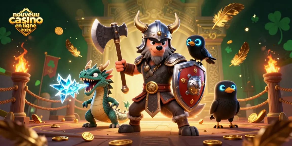 Illustration dynamique du nouveau casino en ligne 2026, combinant guerrier loup viking et dragon féroce.