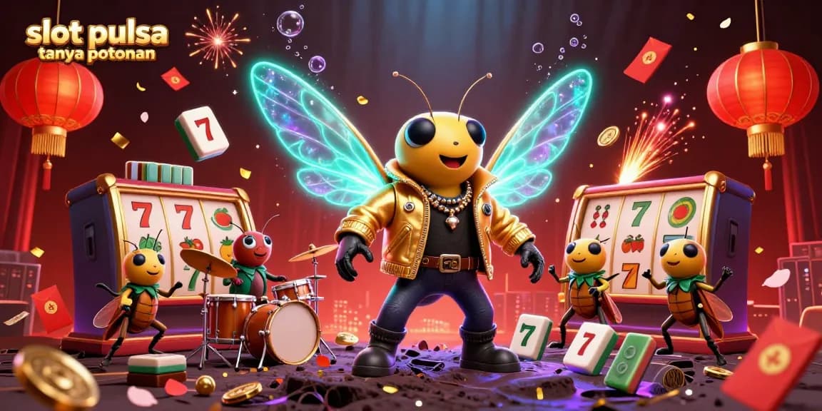 Gambar promosi slot pulsa tanpa potongan menunjukkan cicada rock star dan pemain slot di suasana kasino yang meriah.