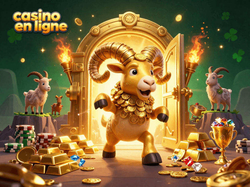 Casino en ligne illustré avec un bélier massif en or chargeant un portail, entouré de richesses.