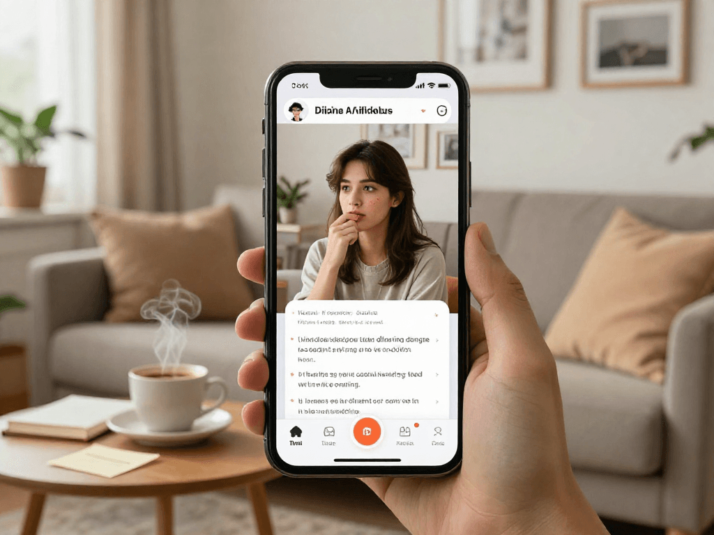 Young adult engaging with an AI gf on smartphone in cozy living room.