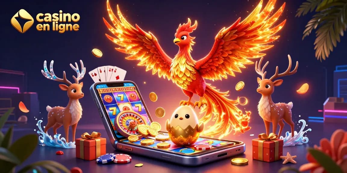 Jouer au casino en ligne avec une illustration captivante d'un phénix en feu et des jeux d'argent.