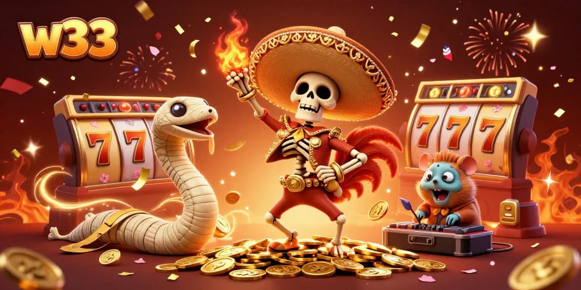 Engage with w33 slots featuring vibrant characters celebrating amidst golden coins and casino elements.