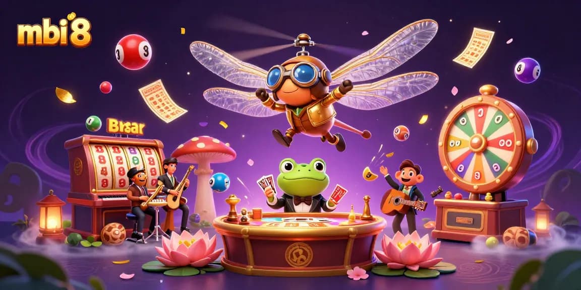 Engage with exhilarating games at mbi 8, featuring a vibrant dragonfly pilot and lively casino atmosphere.
