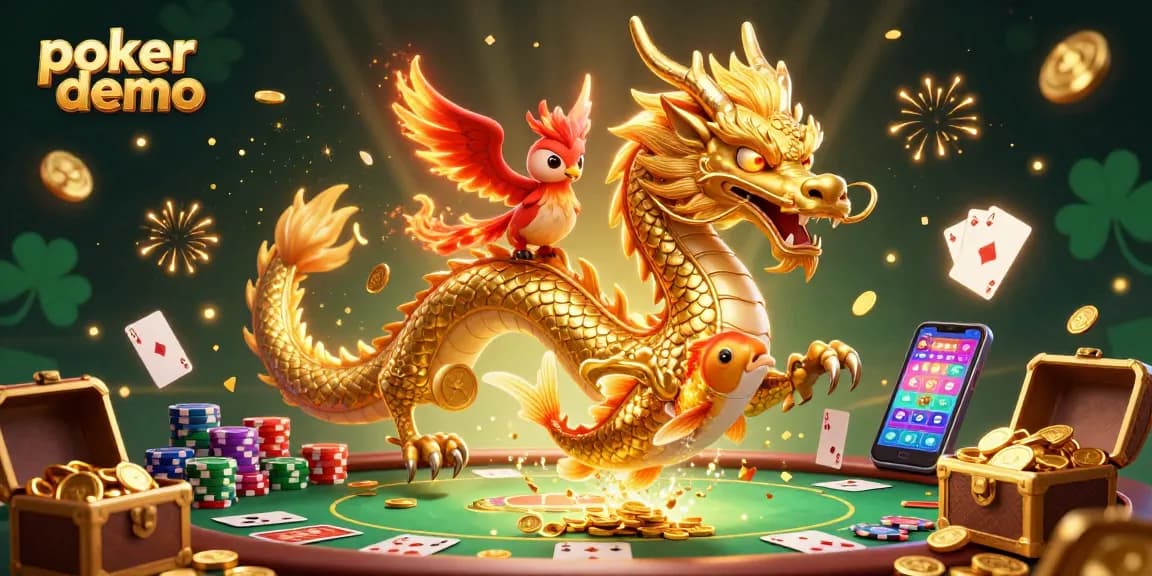 Engage in a thrilling poker demo showcasing golden dragon and phoenix amidst vivid casino elements.