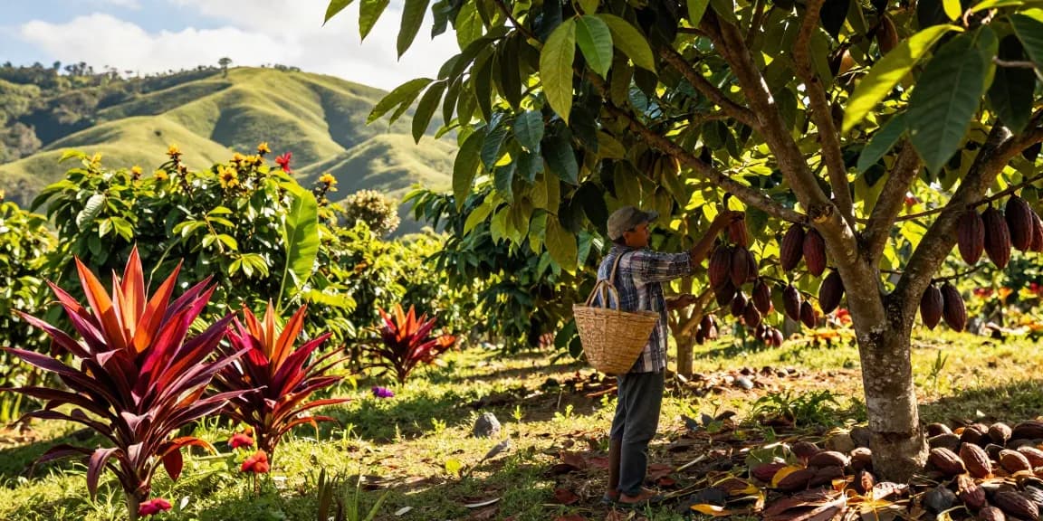 Farmer harvesting cacao pods on m98 cacao farm under warm sunlight.