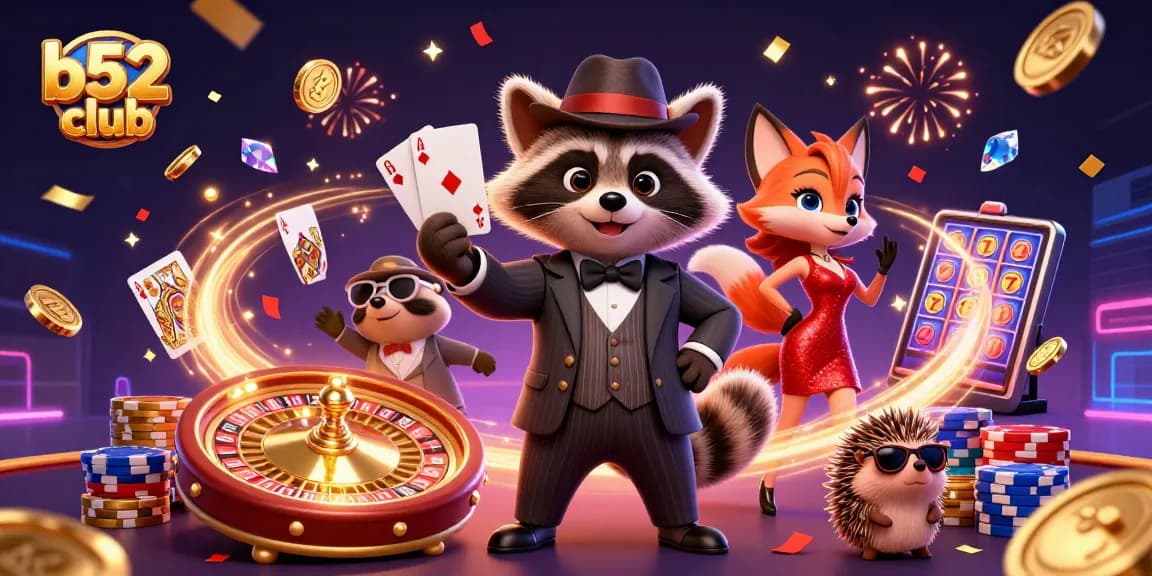 Experience the thrill of the b52 club with a raccoon holding a royal flush amidst dynamic casino elements.