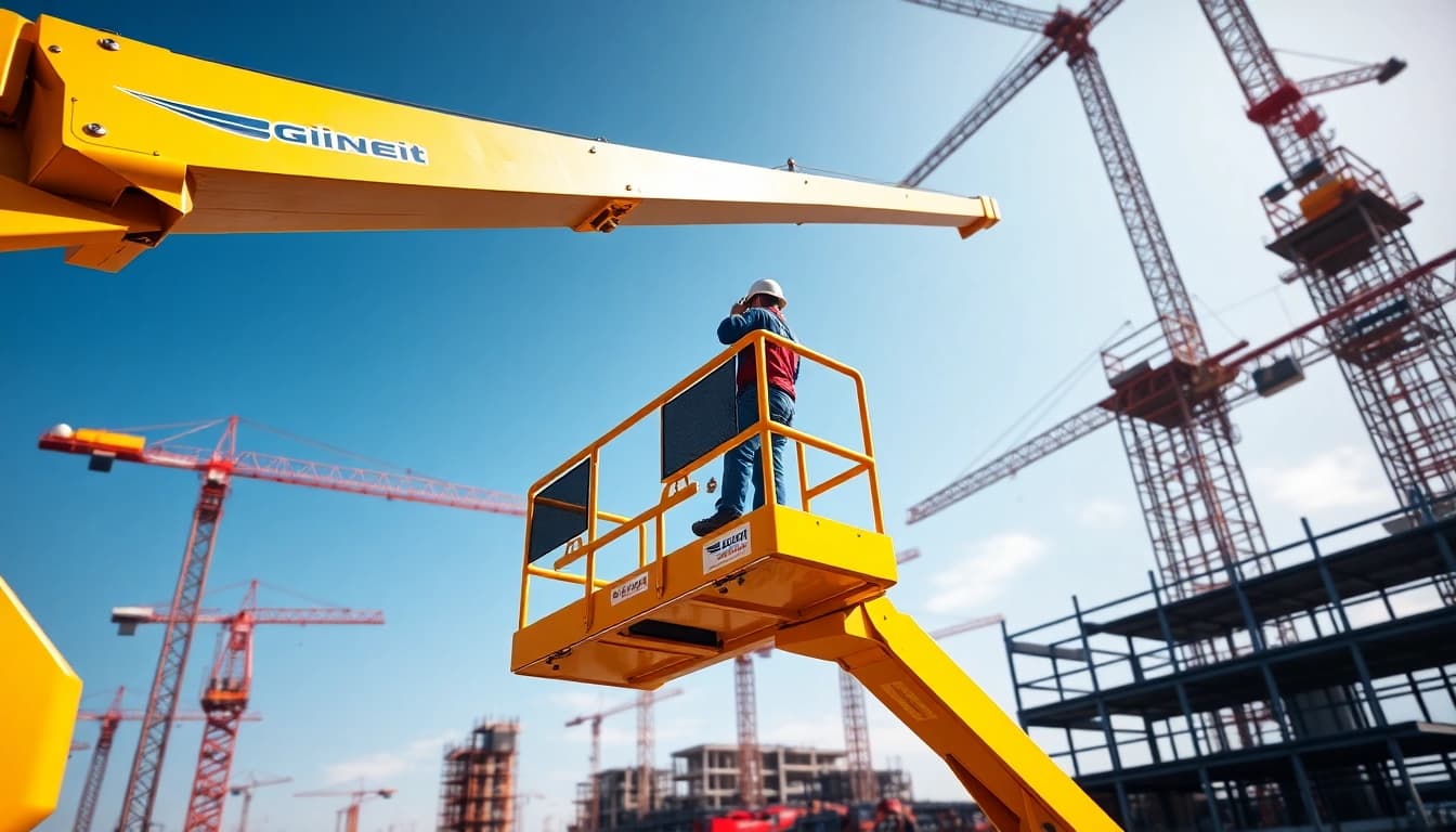 Worker operating a genie boom lift on a construction site, showcasing its flexibility and height.