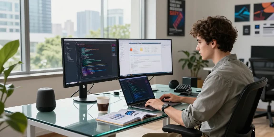 Software developer coding with bdtjl tools in a modern workspace, showcasing creativity and productivity.