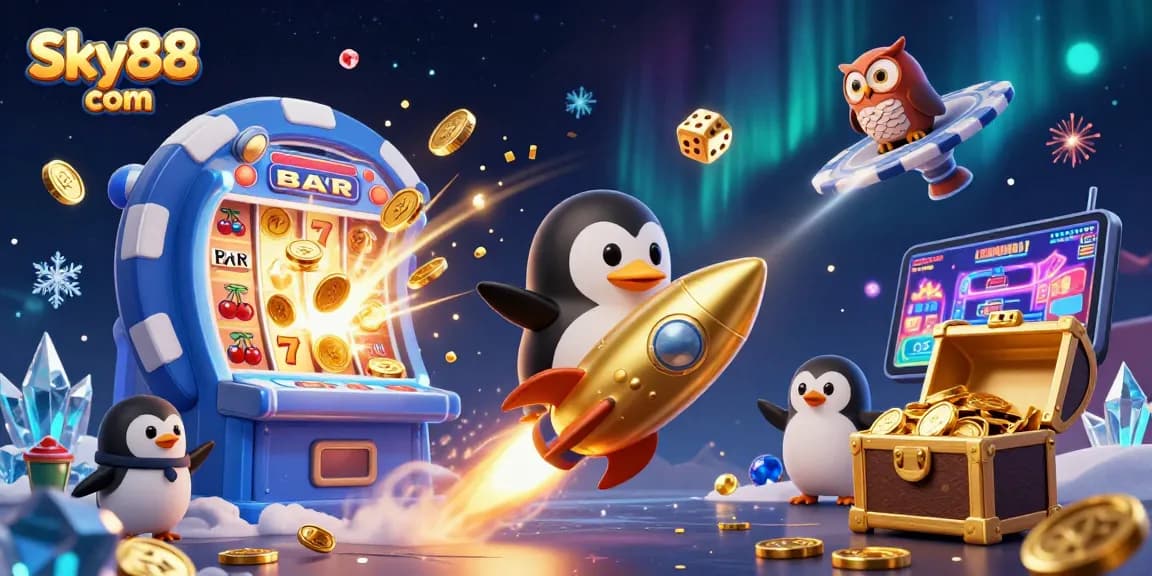 Experience thrilling gameplay with Sky88 com featuring a golden penguin soaring in a vibrant casino adventure.