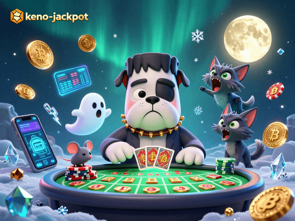 Join the excitement of keno-jackpot with a lively 3D scene featuring vibrant characters and crypto elements.