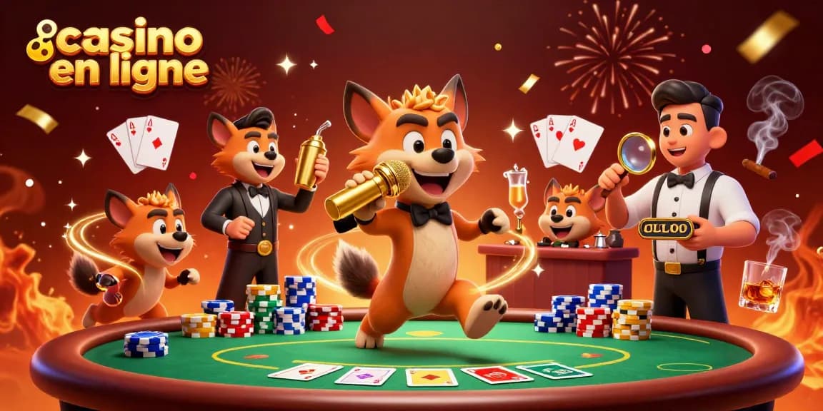 Rire au casino en ligne avec des hyènes animées animant un club comique et des jeux de poker.