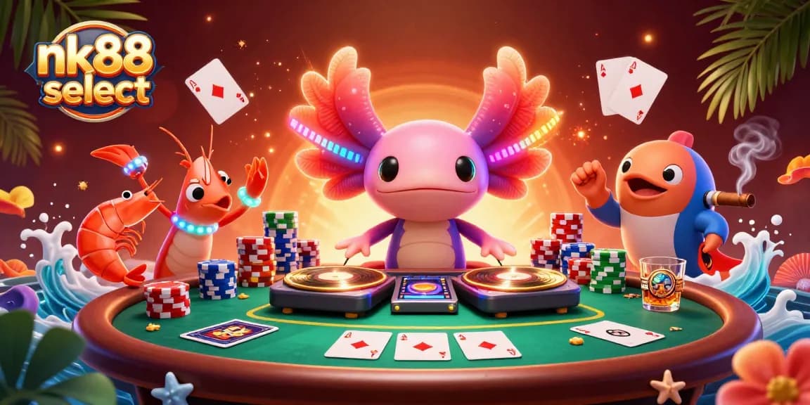 Engage with nk88 select at the vibrant casino featuring an axolotl DJ and exciting poker elements.