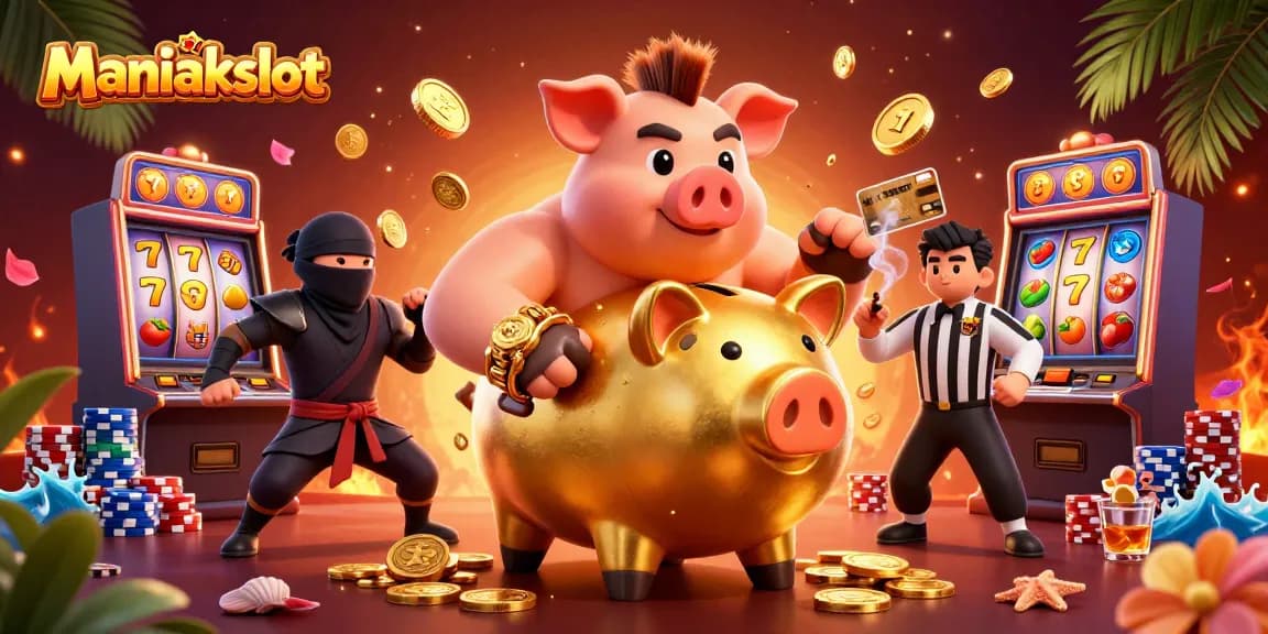 Maniakslot showcases an energetic 3D scene with a sumo piggy bank, wallet ninja, and credit card samurai.