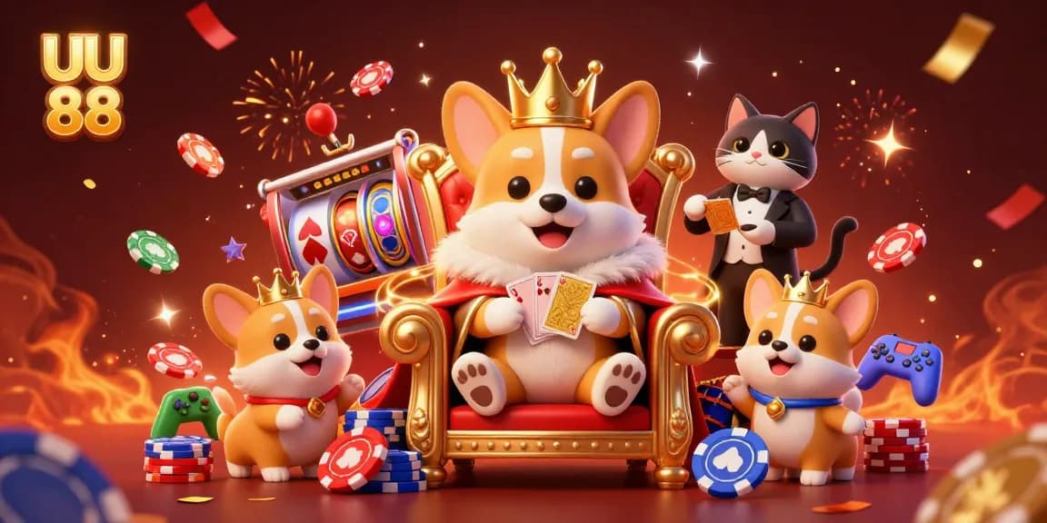 Experience winning moments with UU 88 in a vibrant casino-themed illustration featuring poker elements.