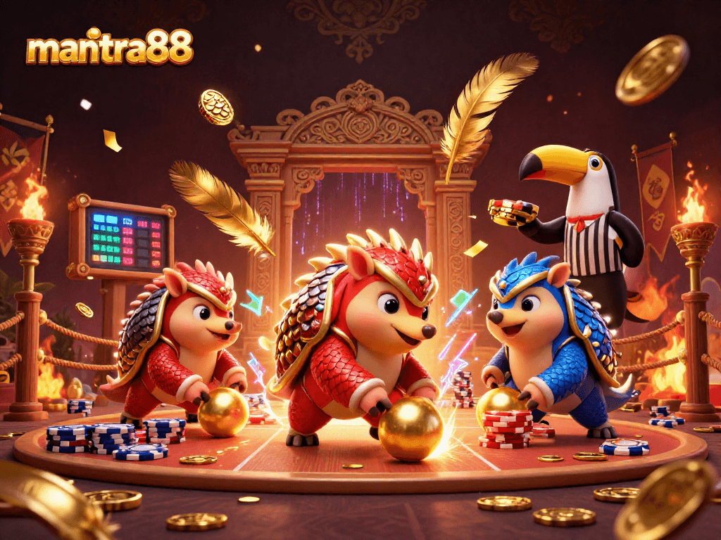 Engage in the vibrant gaming action of mantra88 with lively pangolins in a dynamic casino scene.