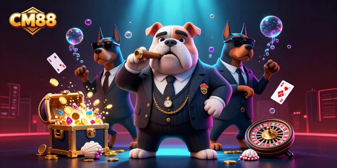 Win big at CM88 with a vibrant scene of a mafia boss bulldog in a casino atmosphere.