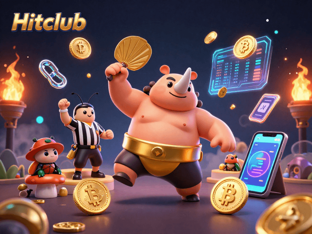 Hitclub showcases a dynamic scene of gambling excitement with a sumo champion beetle amidst glowing crypto coins.