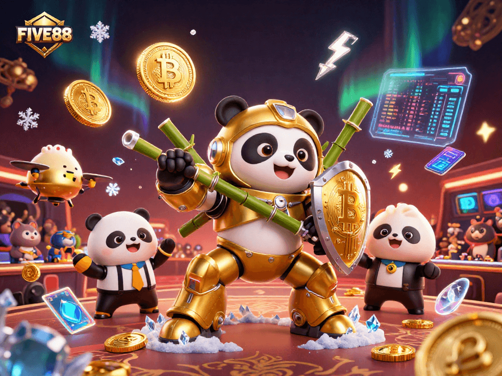 FIVE88 showcases a vibrant casino scene with golden panda in mech-suit battling with crypto elements.