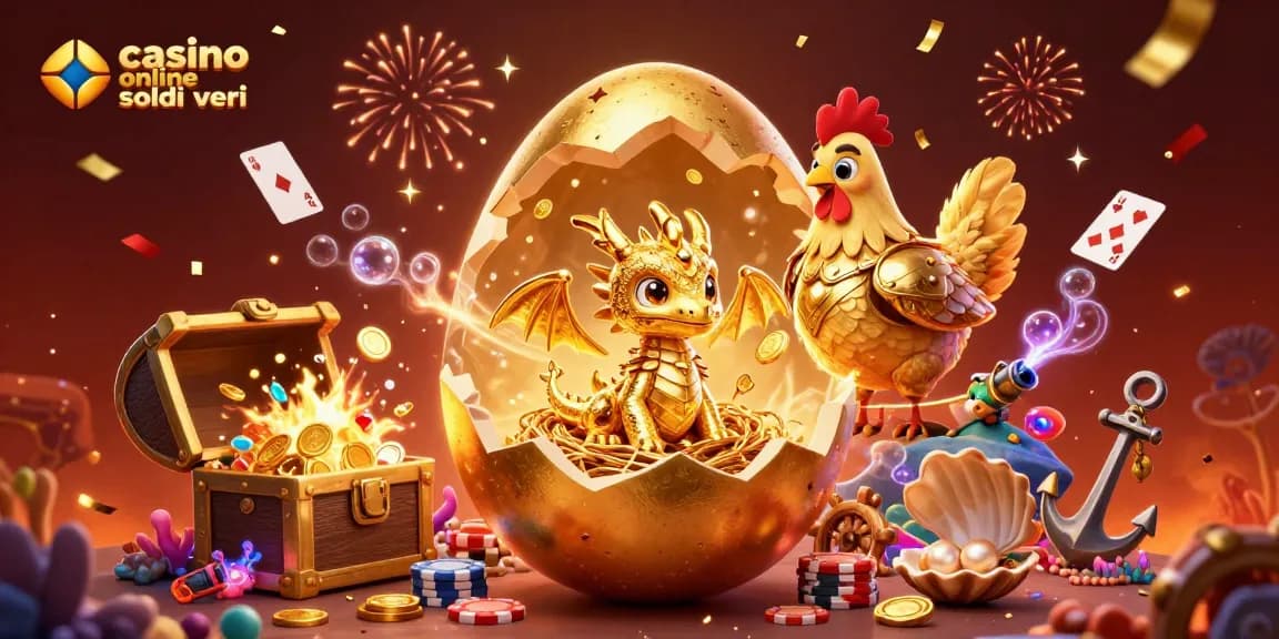 Immagine animata di casino online soldi veri con un drago d'oro tra fiches e tesori.