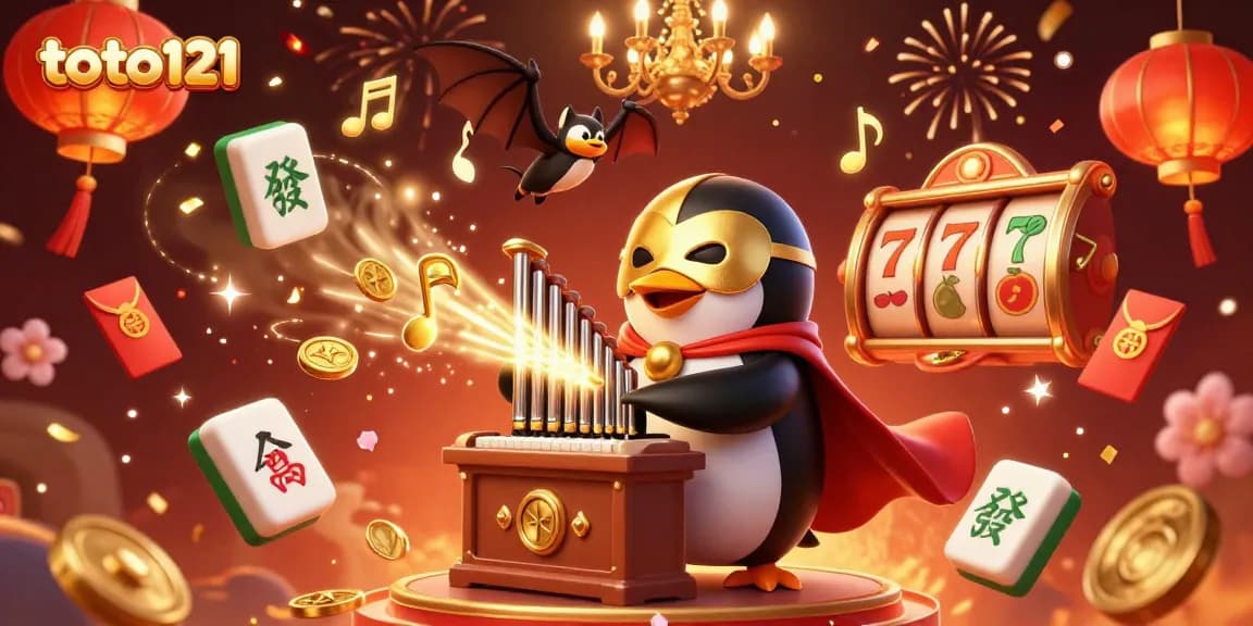 Engage with toto121's vibrant casino scene featuring a penguin and dynamic slot elements.