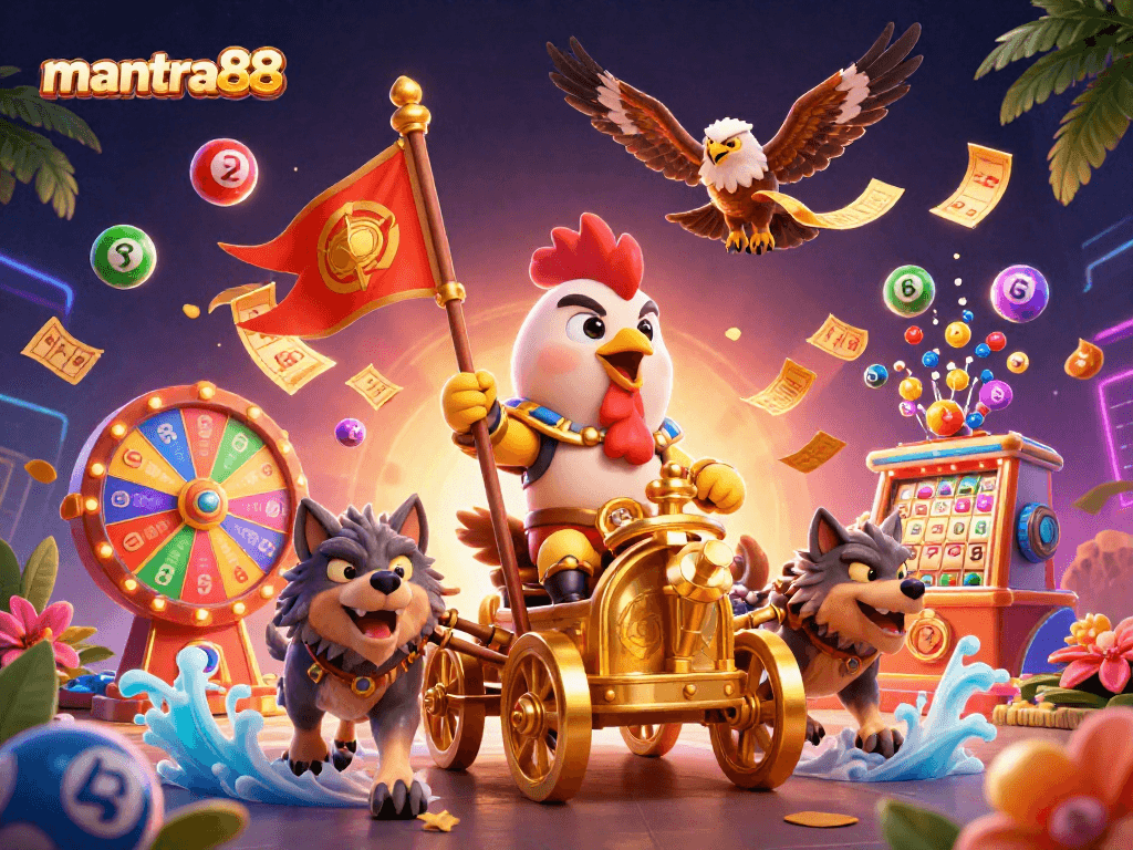Experience excitement at mantra88 with a dynamic gambling scene featuring a warlord, colorful lottery elements, and vibrant visuals.