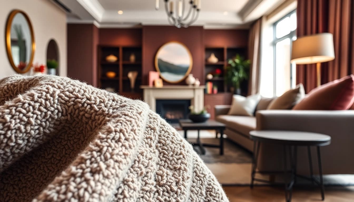 Boucle stof fabric exudes elegance as it adorns a chic living room space, adding texture and warmth to the decor.